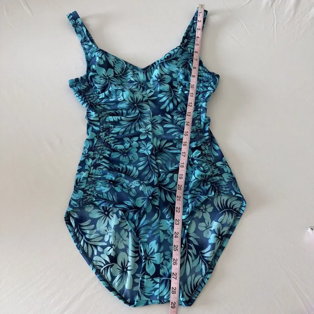 Vtg Maxine of Hollywood Sz 12 Blue Floral One Piece Swimsuit Ruched Tropical 90s